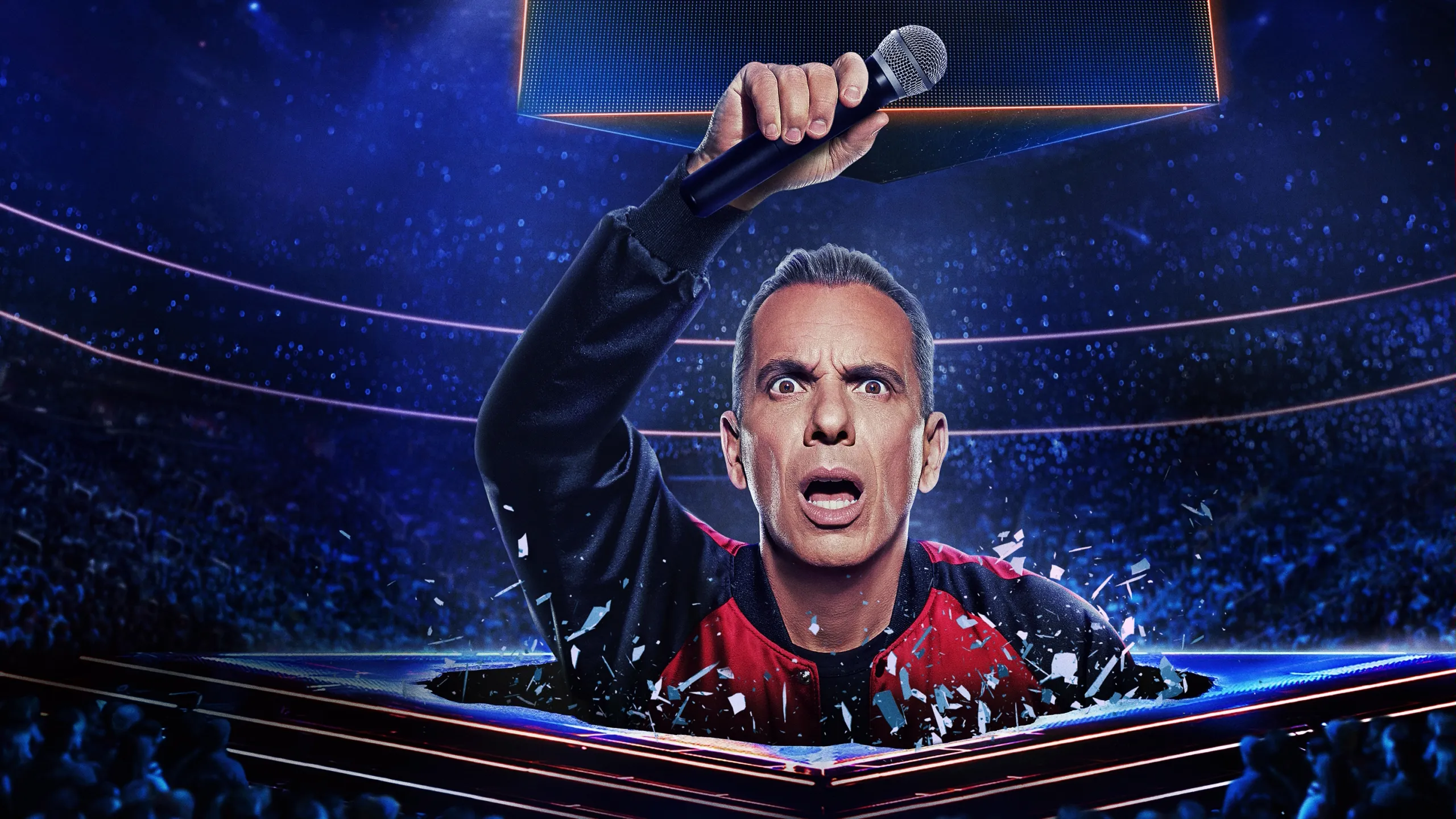 This image shows comedian Sebastian Maniscalco promoting his It Ain’t Right show available on Disney+and Hulu