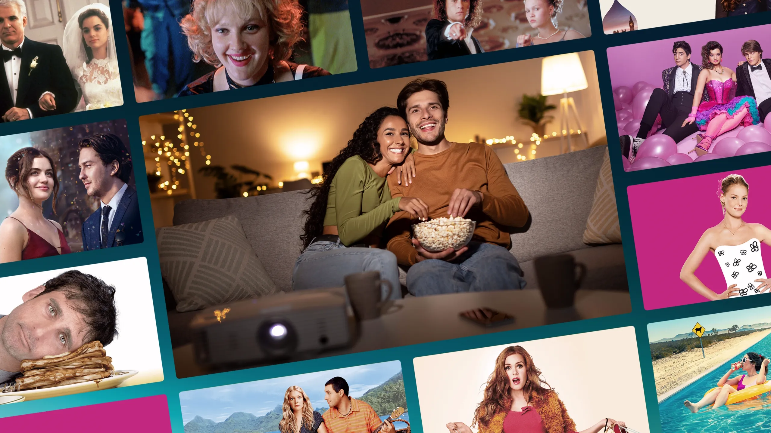 A collage of colorful movie posters and film stills surrounding a central photo of a smiling couple sitting on a couch, eating popcorn, and watching a movie using a home projector. The surrounding tiles feature scenes from various romantic comedies and dramas, including The Hating Game starring Lucy Hale and Robbie Amell, the Jennifer Lawrence comedy No Hard Feelings, Adam Sandler and Drew Barrymore in 50 First Dates, and Isla Fisher in Confessions of a Shopaholic.