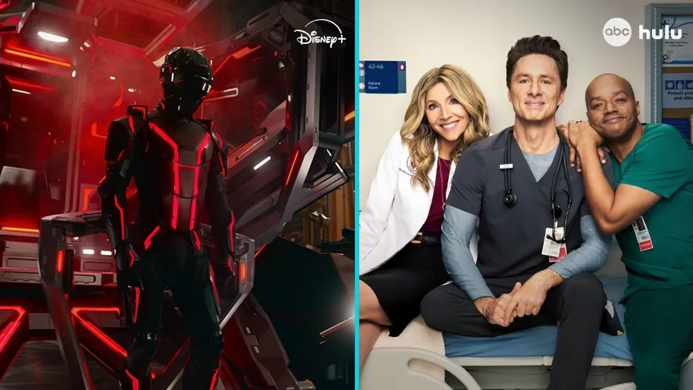 Side-by-side image showcasing TRON: Ares and Scrubs, available on Disney+ and Hulu respectively.