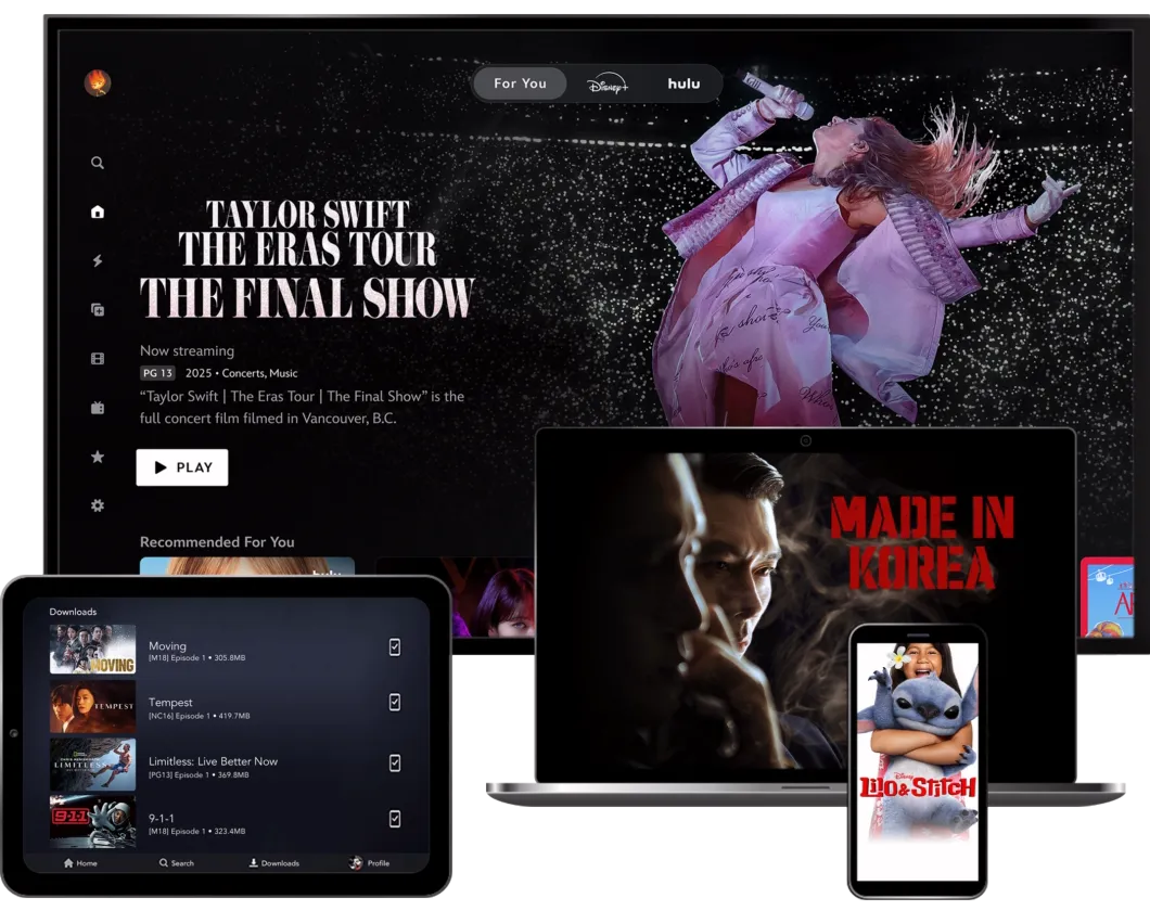 4 Devices showcasing the Disney+ product on TV, Mobile, Laptop, and Tablet