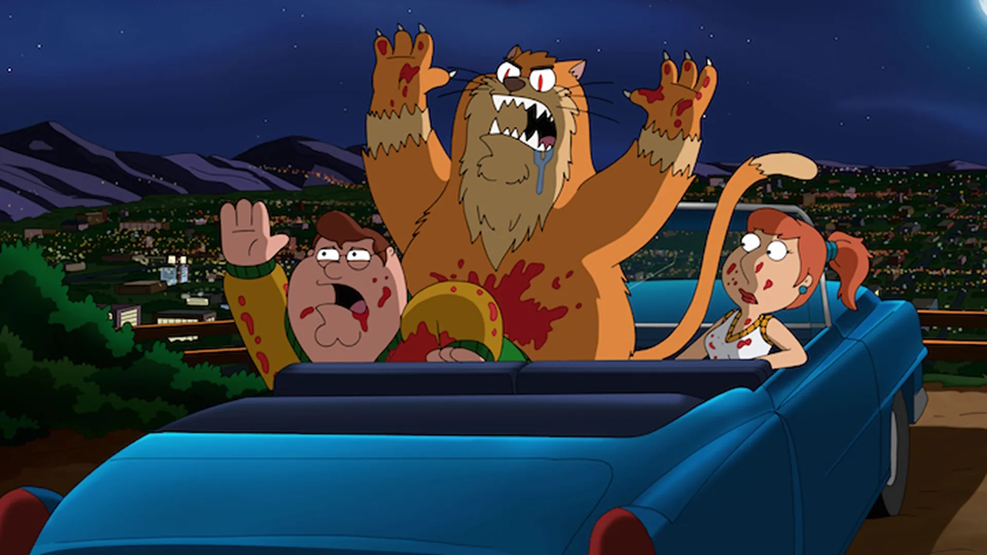 1950s-styled versions of Peter and Lois, with a monster behind them from Family Guy