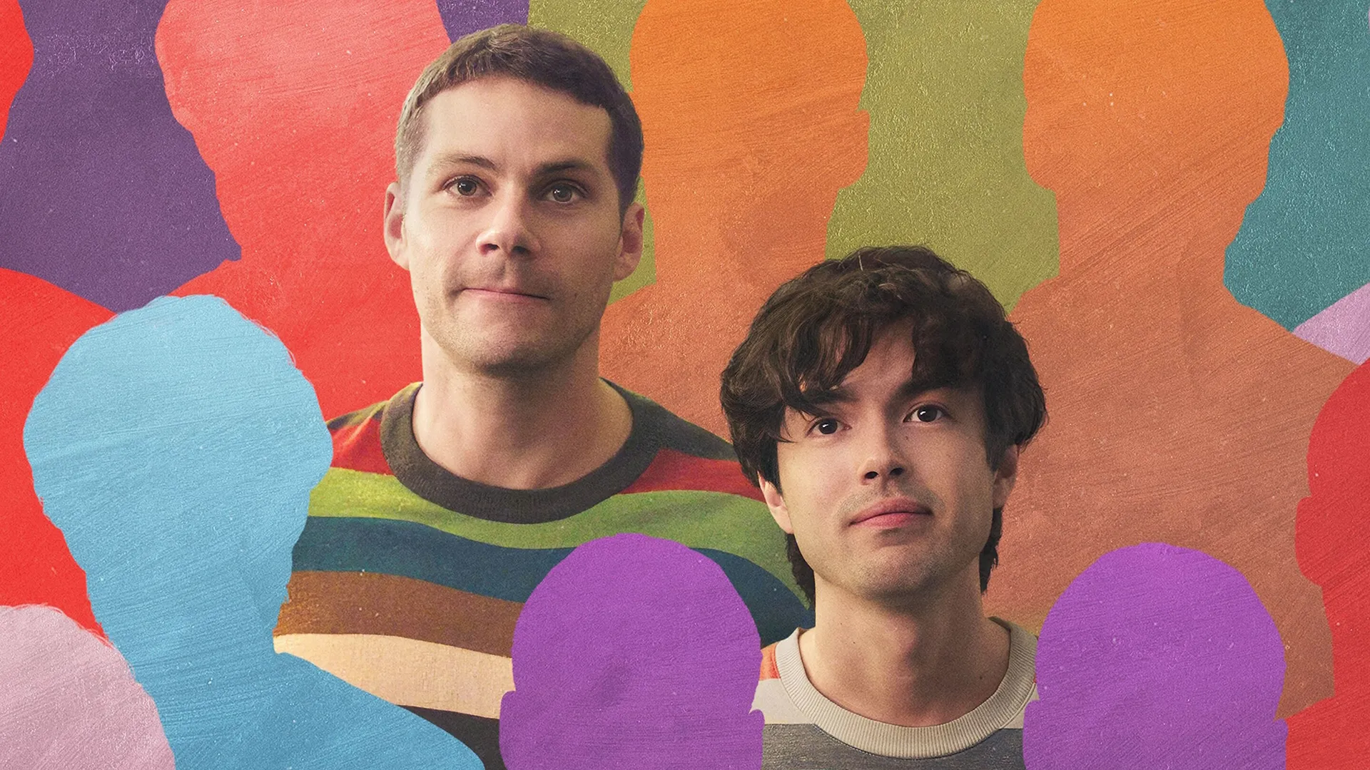 Promotional art featuring Dylan O'Brien (left) and James Sweeney (right), who star in the film, surrounded by colorful silhouettes of people.