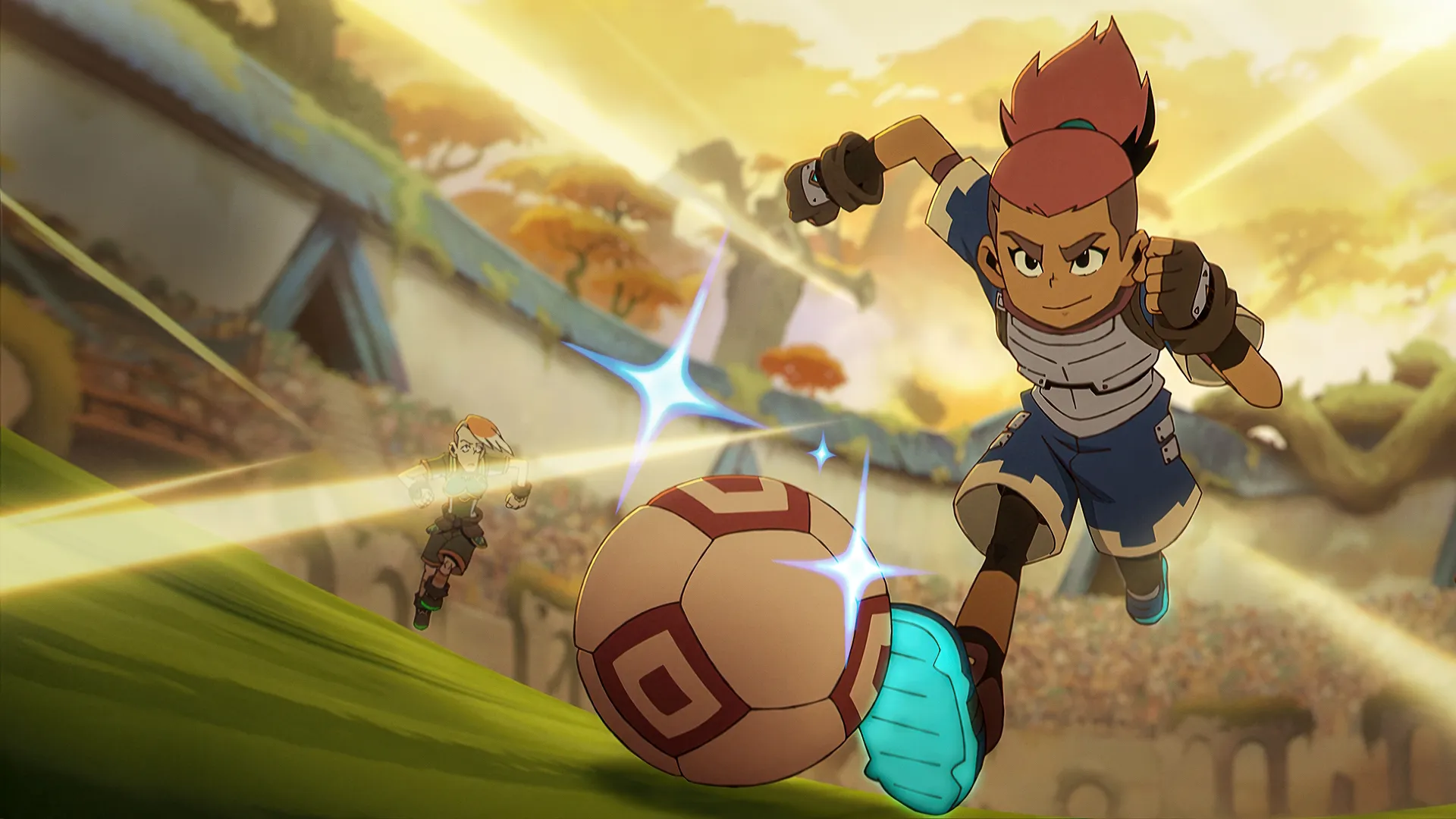 An anime-style animated scene from Dragon Striker showing Key (Akshay Kumar) running forward dynamically to kick a glowing, geometric-patterned soccer ball on a green field.