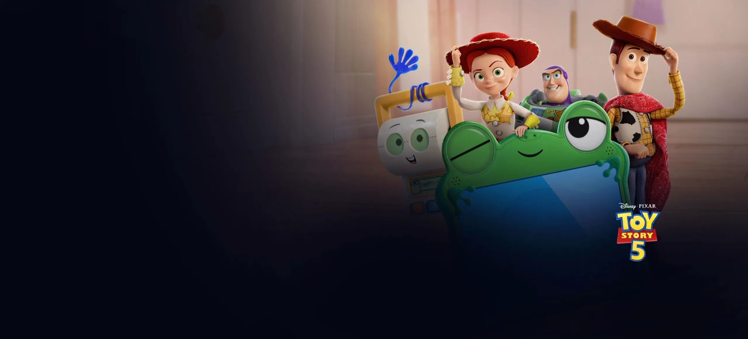 Arte de Toy Story 5 com Woody, Buzz Lightyear, Jessie e outros brinquedos reunidos ao redor de um grande tablet em formato de sapo, com o logotipo de Toy Story 5 em um dos cantos.