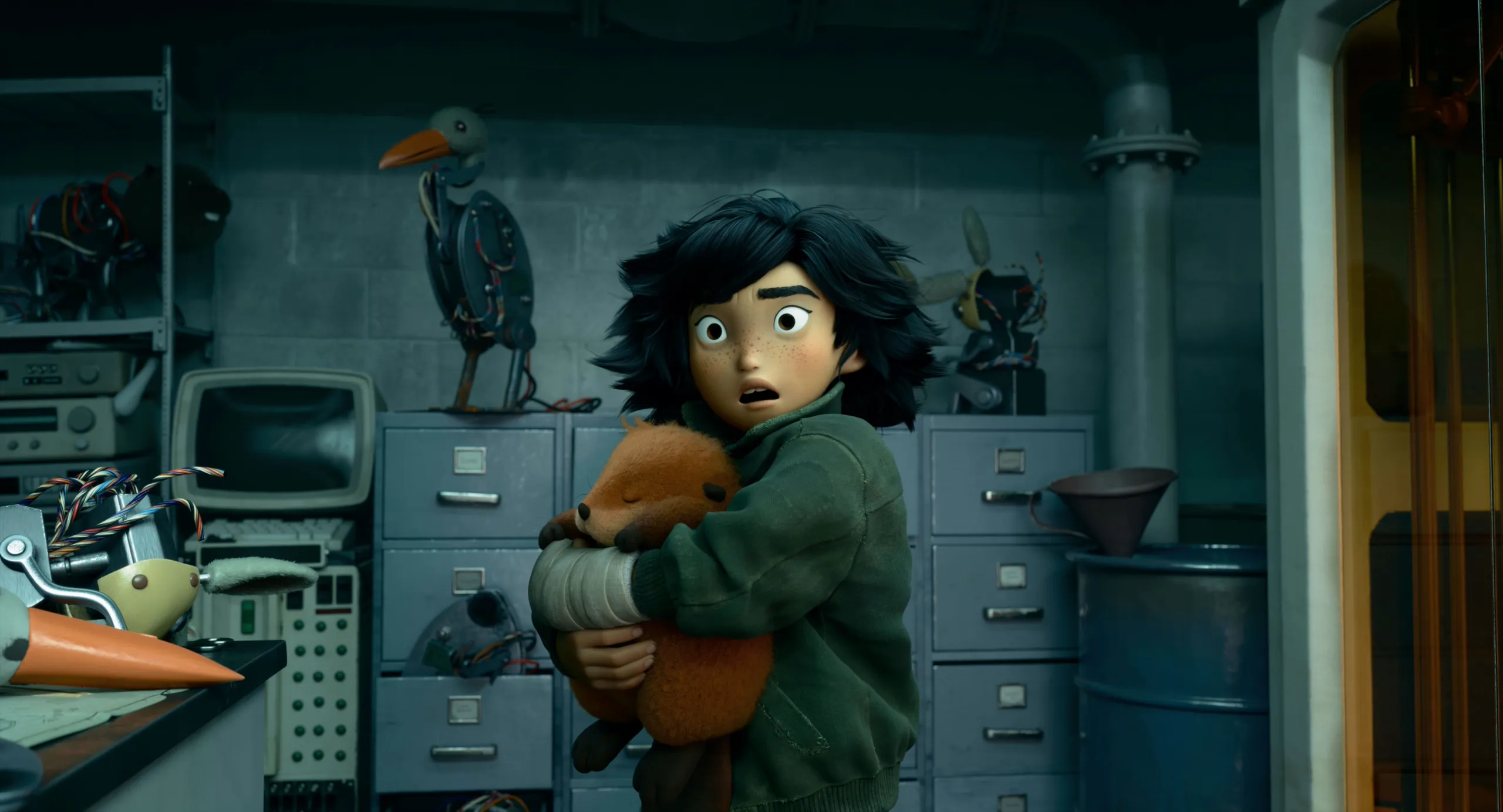 Mabel holding a beaver in her arms inside a lab, prior to having her mind transferred into the animal.