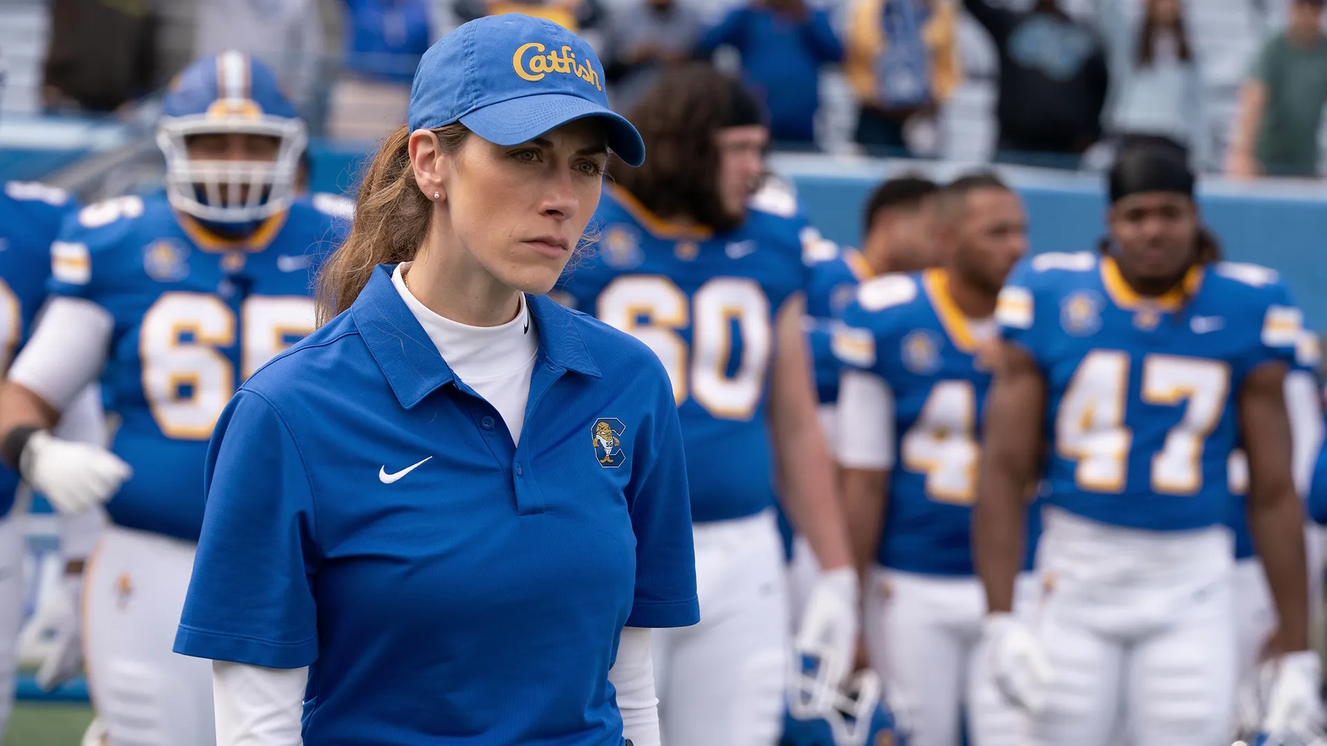 Coach Tricia Yeager on the sidelines with the South Georgia Catfish football team in Chad Powers