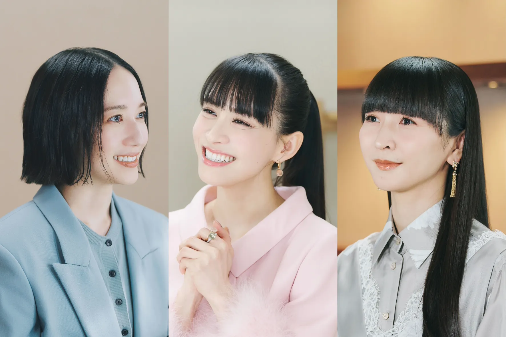 『Perfume“コールドスリープ”-25 years Document-』のインタビューを受けるPerfume３人が正面を向いている画像が切り抜き加工されている