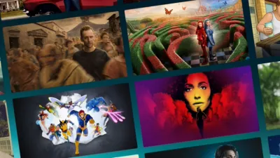 A grid of streaming platform tiles features promotional artwork for various television shows and films, including FX's The Bear, Avatar: Fire and Ash, and other live-action and animated series.
