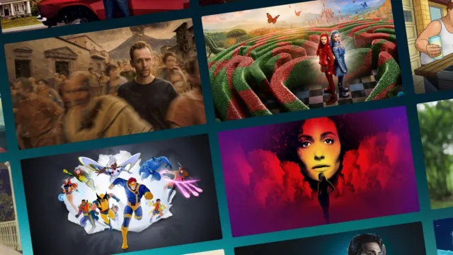 A grid of streaming platform tiles features promotional artwork for various television shows and films, including FX's The Bear, Avatar: Fire and Ash, and other live-action and animated series.