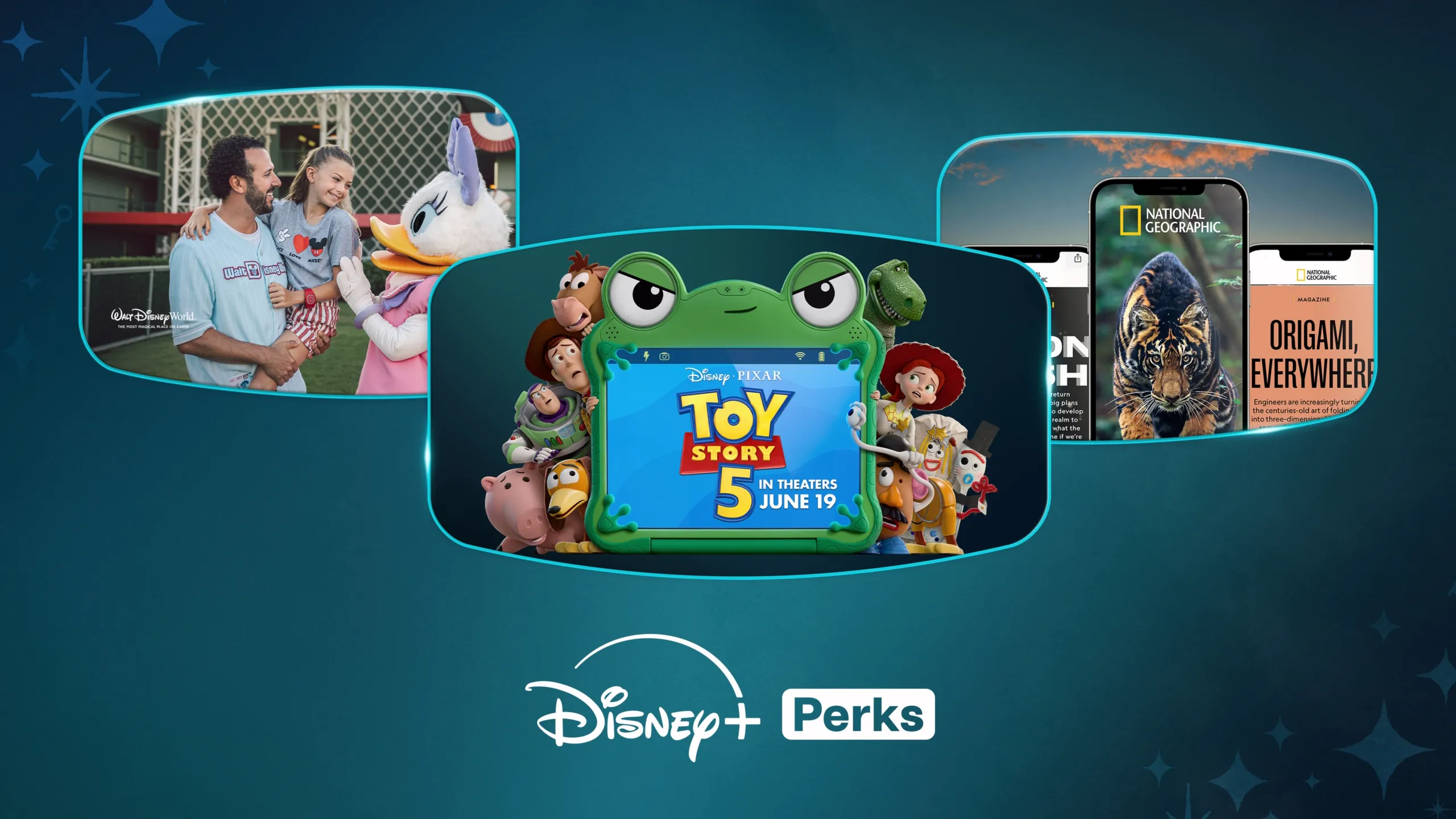 Three shapes featuring Chip 'N' Dale mascots, characters from Toy Story 5, and phone screens with National Geographic content on a teal background