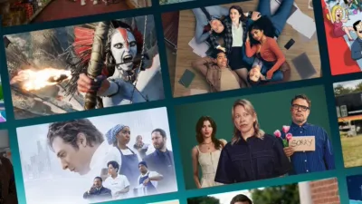 A grid of streaming platform tiles features promotional artwork for various television shows and films, including FX's The Bear, Avatar: Fire and Ash, and other live-action and animated series.