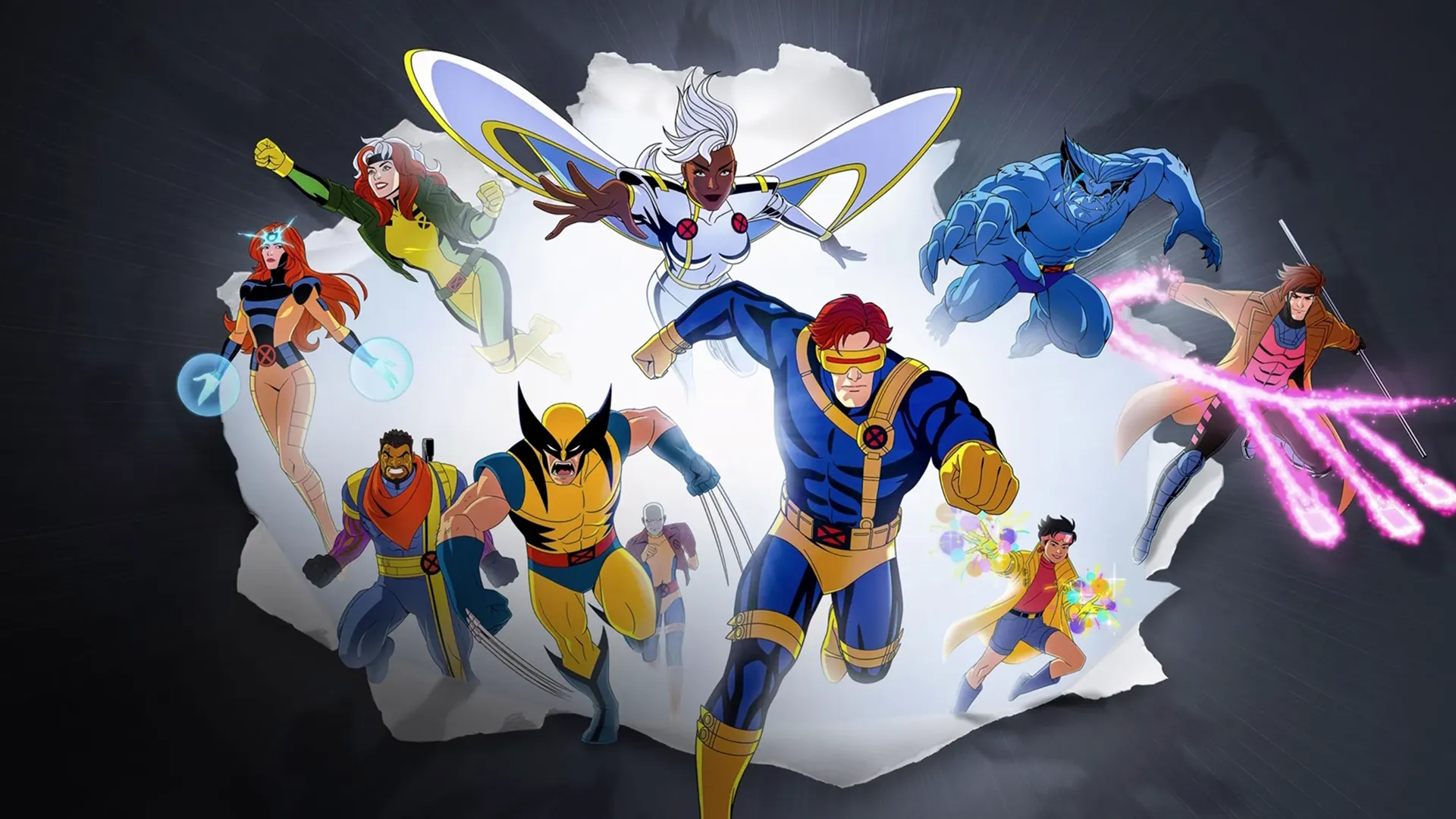 Hero shot of the original X-Men, including Jean Grey, Bishop, Rogue, Storm, Wolverine, Morph, Cyclops, Jubilee, Beast, Gambit and 