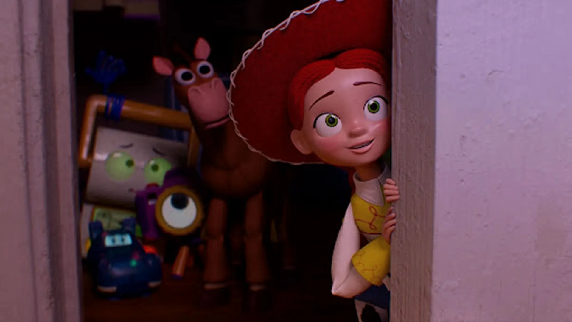 Jessie the cowgirl peeking out from behind a white doorframe while Bullseye and new tech toys watch from a dark closet in a scene from Disney and Pixar's Toy Story 5.