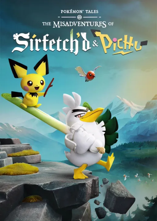 Artwork for Pokémon Tales The Misadventures of Sirfetch'd & Pichu featuring Sirfetch'd carrying a leek sword and Pichu standing on the leek in a fantasy mountain landscape.
