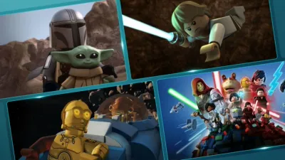 Promo grid showcasing LEGO Star Wars shows and specials on Disney+.