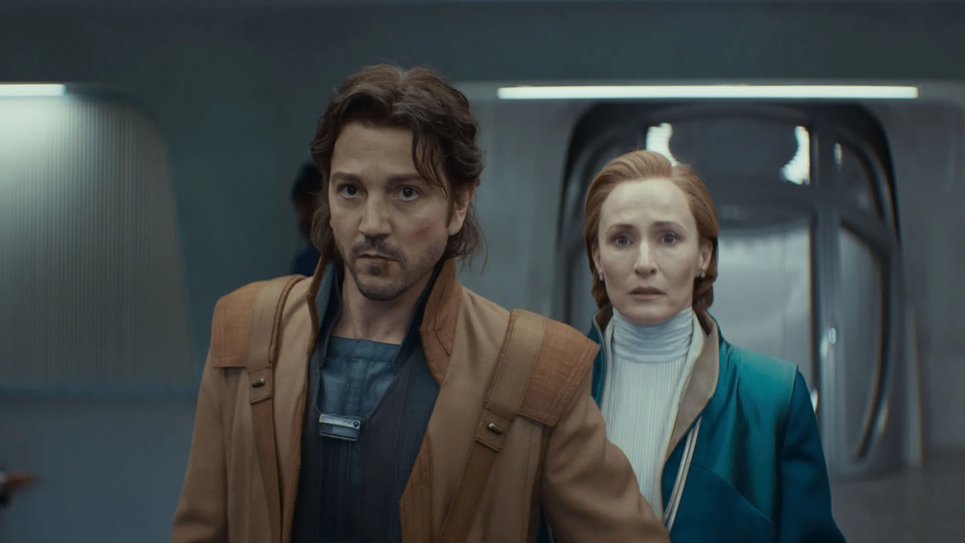 Cassian Andor (Diego Luna), and Mon Mothma (Genevieve O'Reilly) in Andor. 