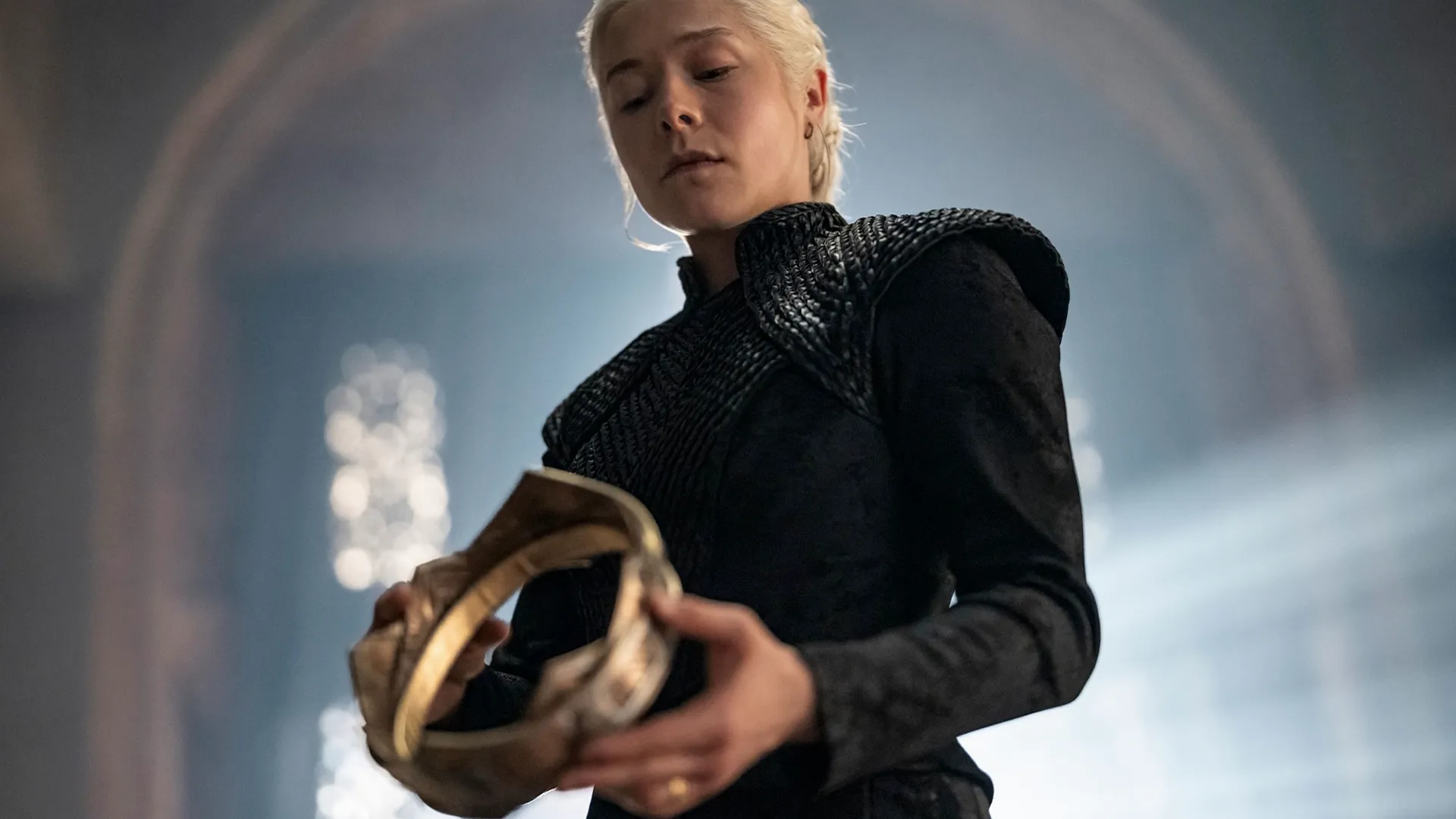 Rhaenyra Targaryen (Emma D'Arcy) looks down at her crown in House of the Dragon