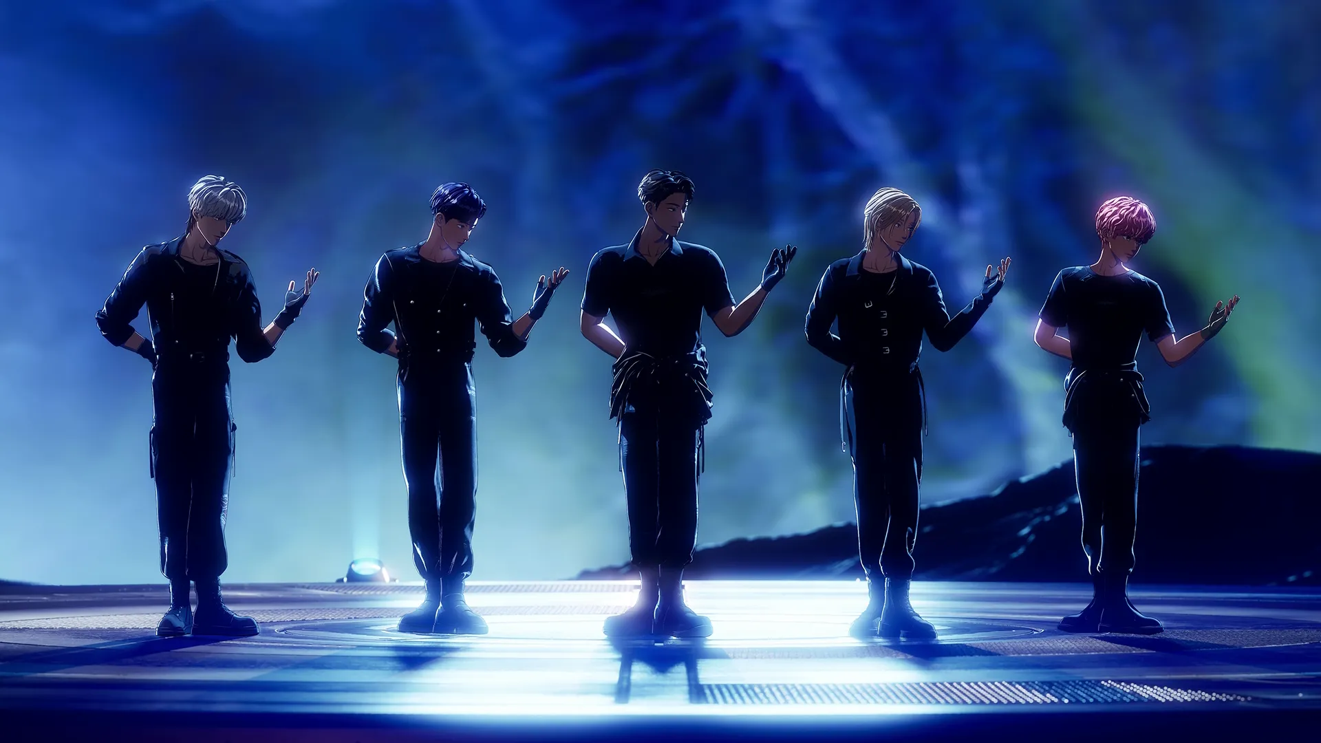 An official visual from a music video by the virtual K-pop boy band PLAVE, featuring the five members—Noah, Bamby, Yejun, Eunho, and Hamin—performing a coordinated dance in matching black outfits against a glowing blue, otherworldly background.
