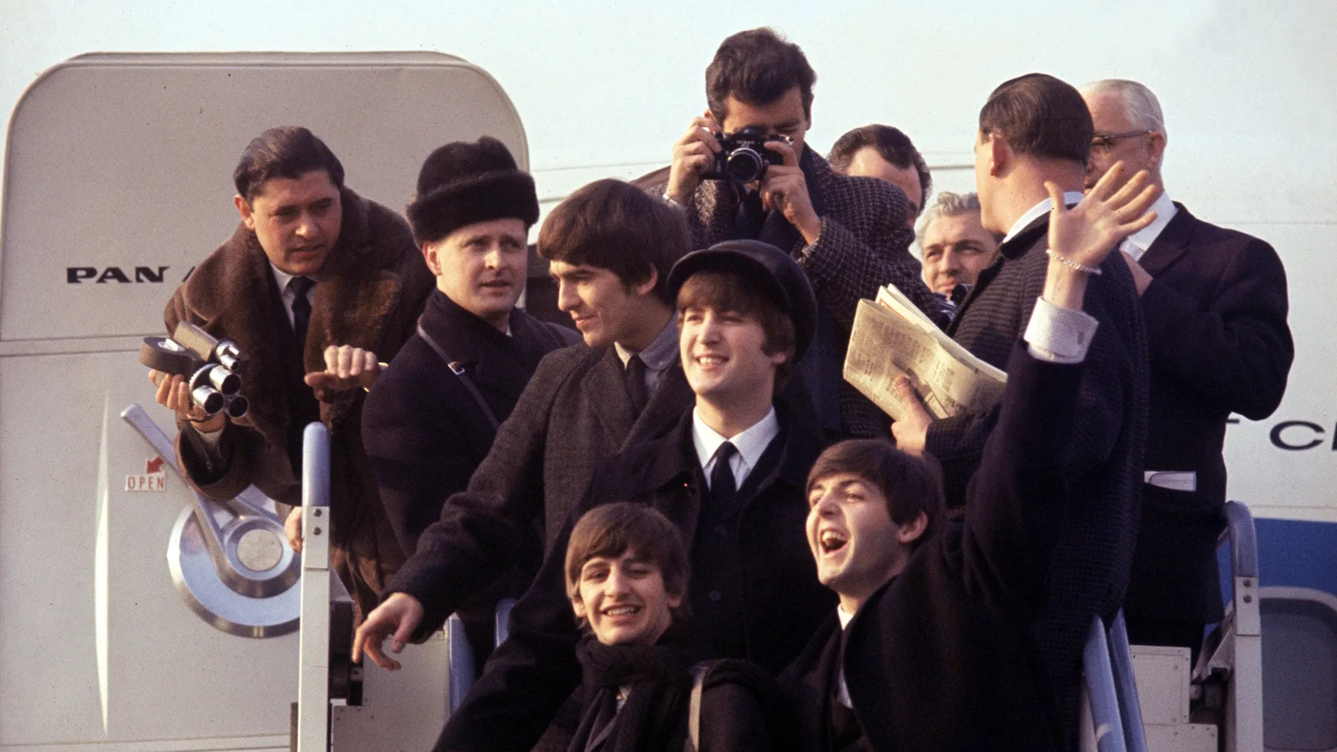 The Beatles' arrival at Kennedy Airport in New York City on February 7, 1964, for their first visit to the United States. Beatles Anthology, Disney+
