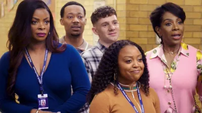 Ava Coleman (Janelle James), Gregory Eddie (Tyler James Williams), Jacob Hill (Chris Perfetti), Janine Teagues (Quinta Brunson), and Barbara Howard (Sheryl Lee Ralph) in Abbott Elementary.