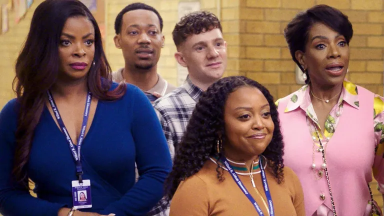 Ava Coleman (Janelle James), Gregory Eddie (Tyler James Williams), Jacob Hill (Chris Perfetti), Janine Teagues (Quinta Brunson), and Barbara Howard (Sheryl Lee Ralph) in Abbott Elementary.