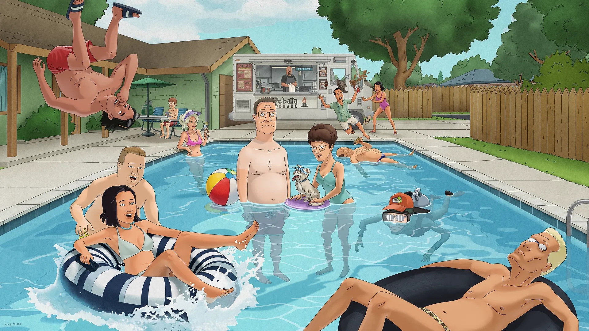 Personagens de O Rei do Pedaço na piscina no cartaz da temporada 15