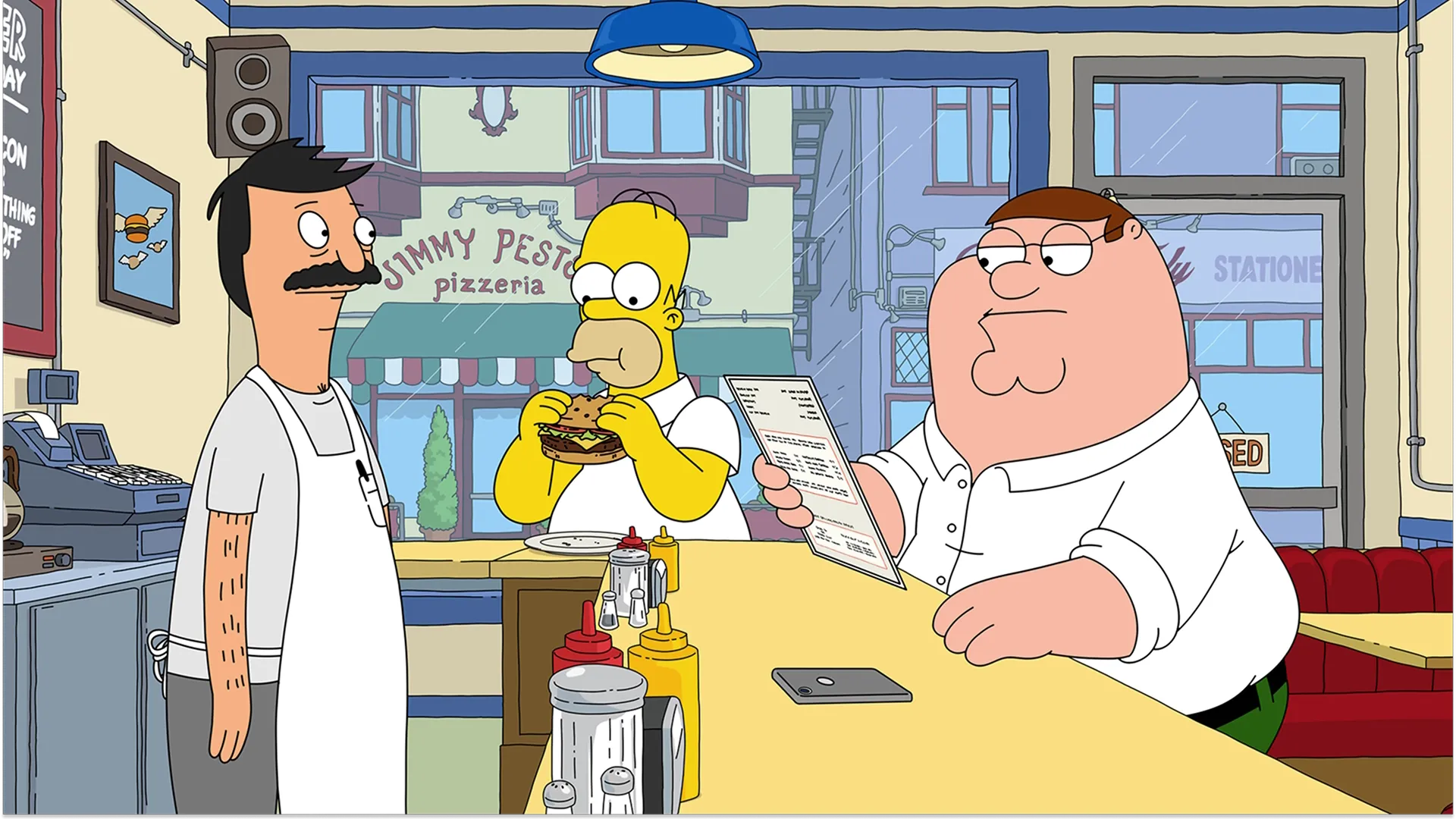 Peter Griffin, de Family Guy, Homer Simpson, de Os Simpsons, e Bob Belcher, de Bob's Burgers, na hamburgueria de Bob.