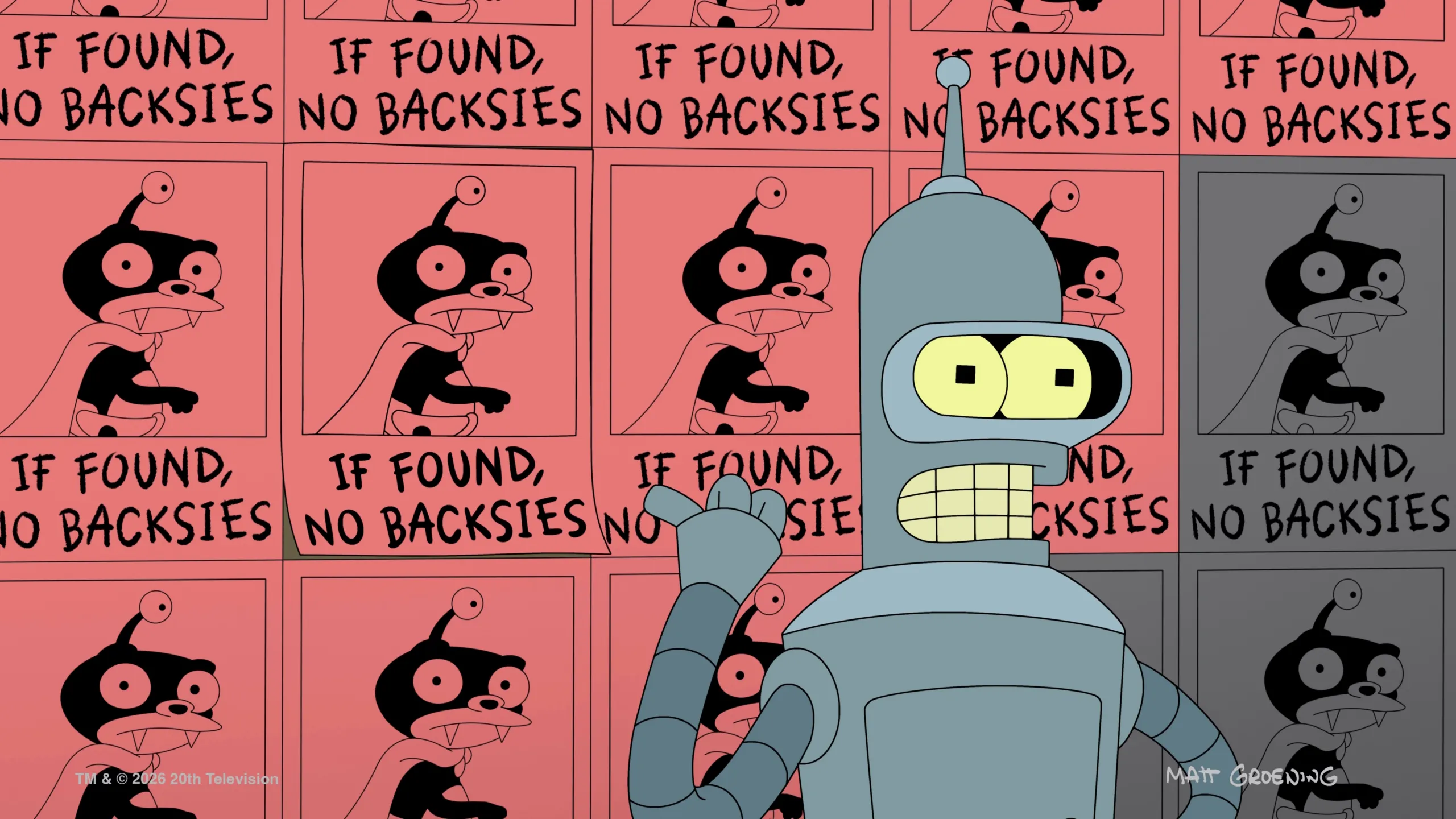Bender in front of a bunch of red posters with a photo of Nibbler and the text "If found, no backsies"