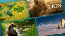 A montage of four National Geographic nature documentary posters displayed on a blue background, featuring "A Real Bug's Life" narrated by Awkwafina, "Lion," "Growing Up Animal" narrated by Tracee Ellis Ross, and "Secrets of the Penguins."