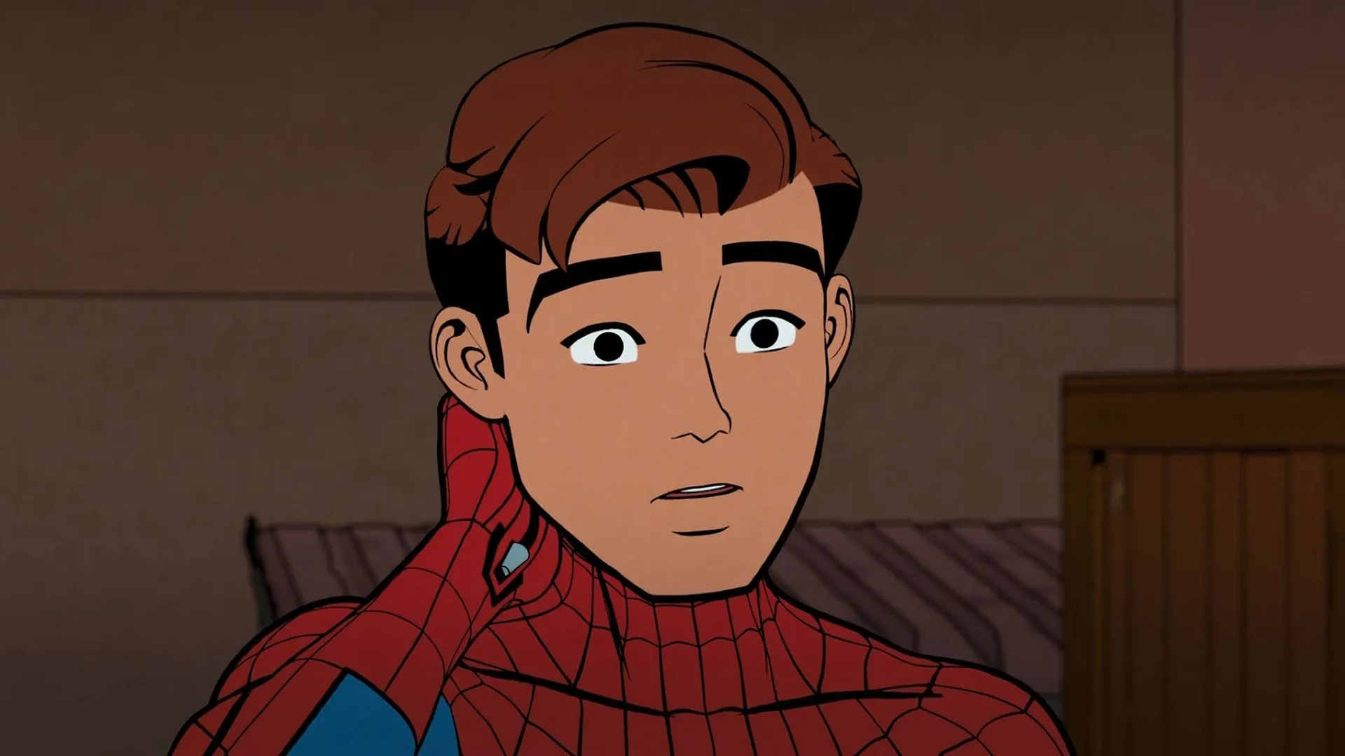 This image features Peter Parker, also known as Spider-Man, from the animated series Your Friendly Neighborhood Spider-Man. 