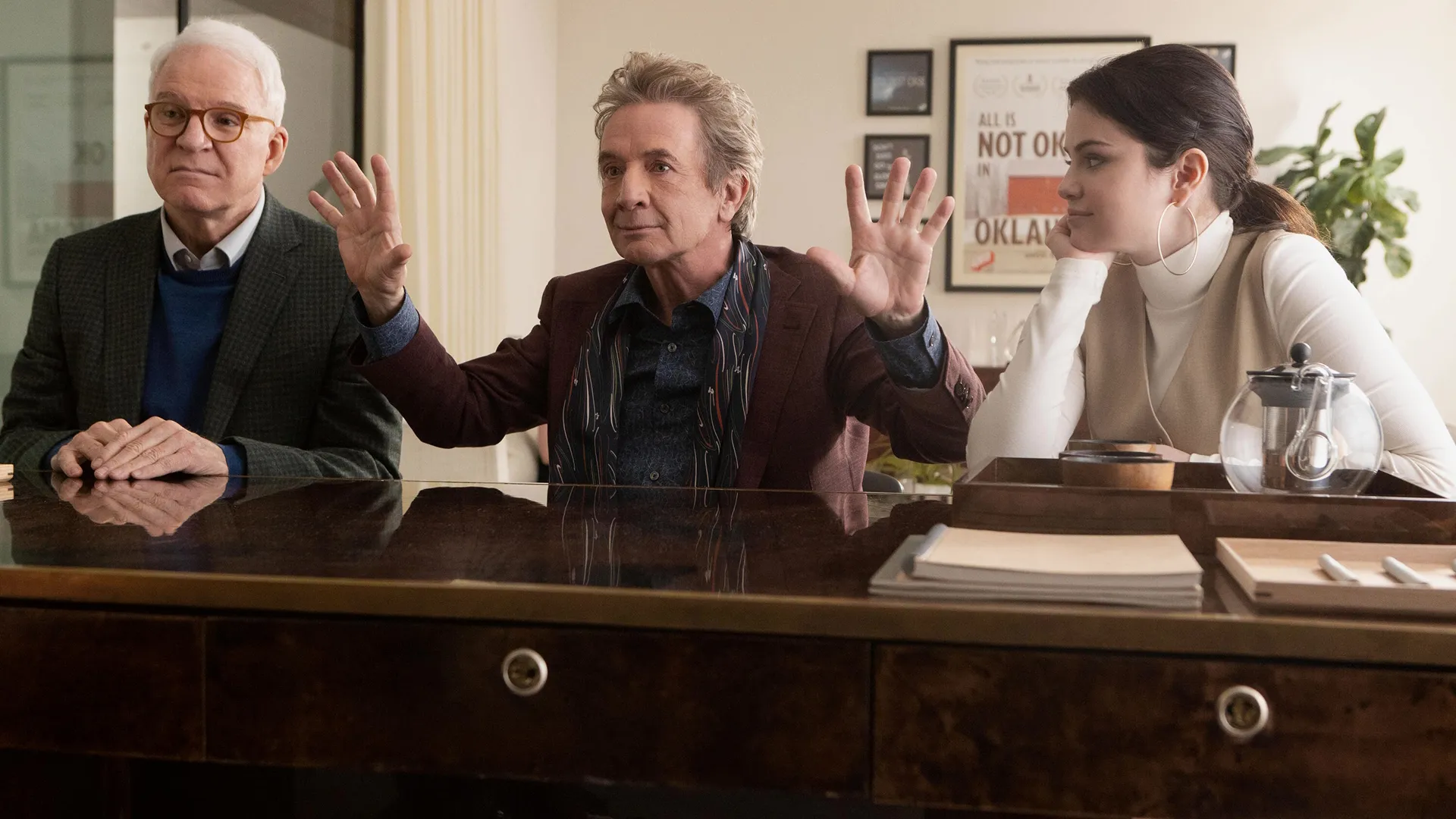 Charles-Haden Savage (Steve Martin), Oliver Putnam (Martin Short), and Mabel Mora (Selena Gomez) in Only Murders in the Building 