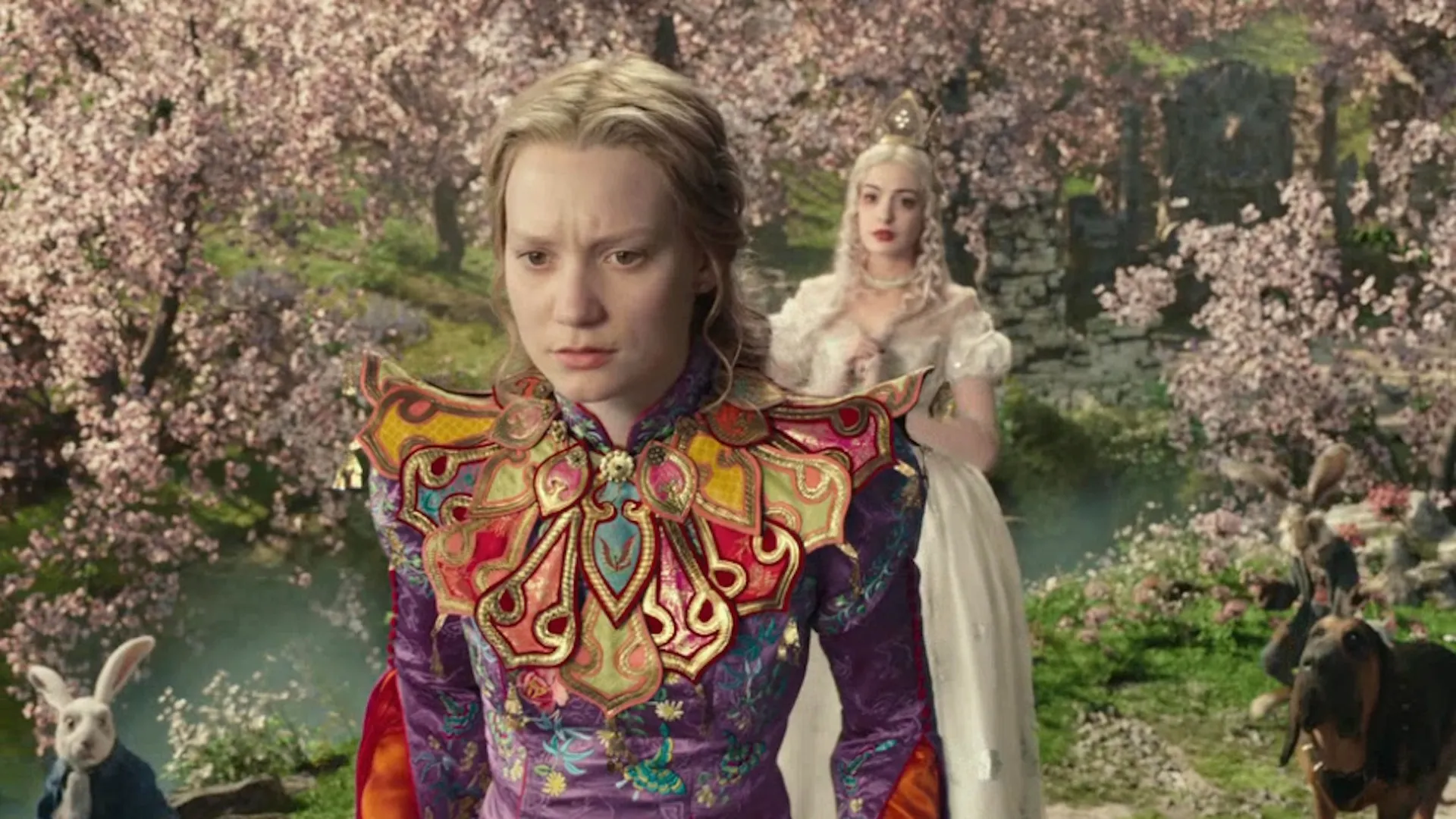 Alice (Mia Wasikowska) with the White Queen (Anne Hathaway) in Alice Through the Looking Glass.