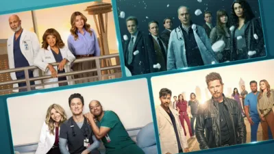 A collage of four promotional posters for different medical drama television shows features various ensembles of actors in clinical settings, including doctors in lab coats and medical staff attending to a patient on a gurney.