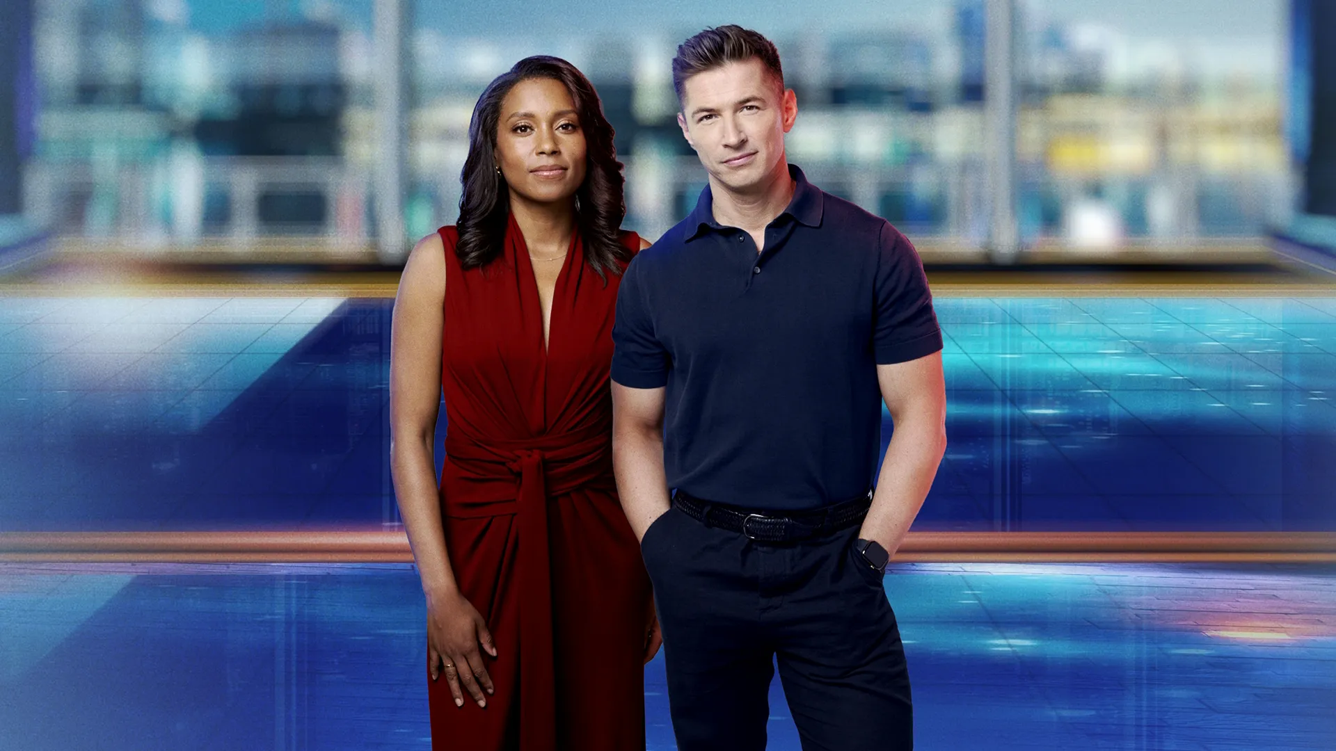 Rachel Scott and James Longman stand in front of a newsroom background.
