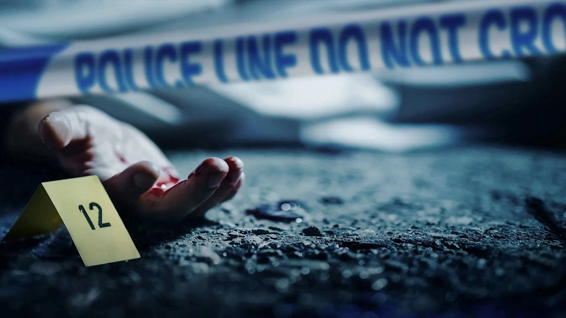Key art for 2020 Britain’s Murders featuring a forensic evidence marker beside a hand at a crime scene behind police tape.