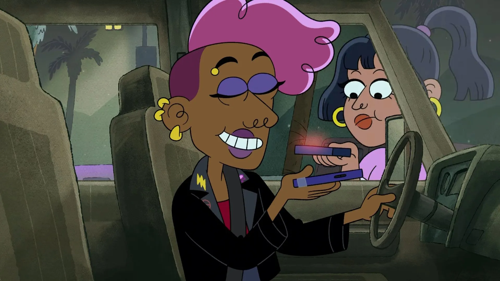 Primos characters Lita Perez and Tater Ramirez Humphrey in a car in another DBT show, Road Trip.