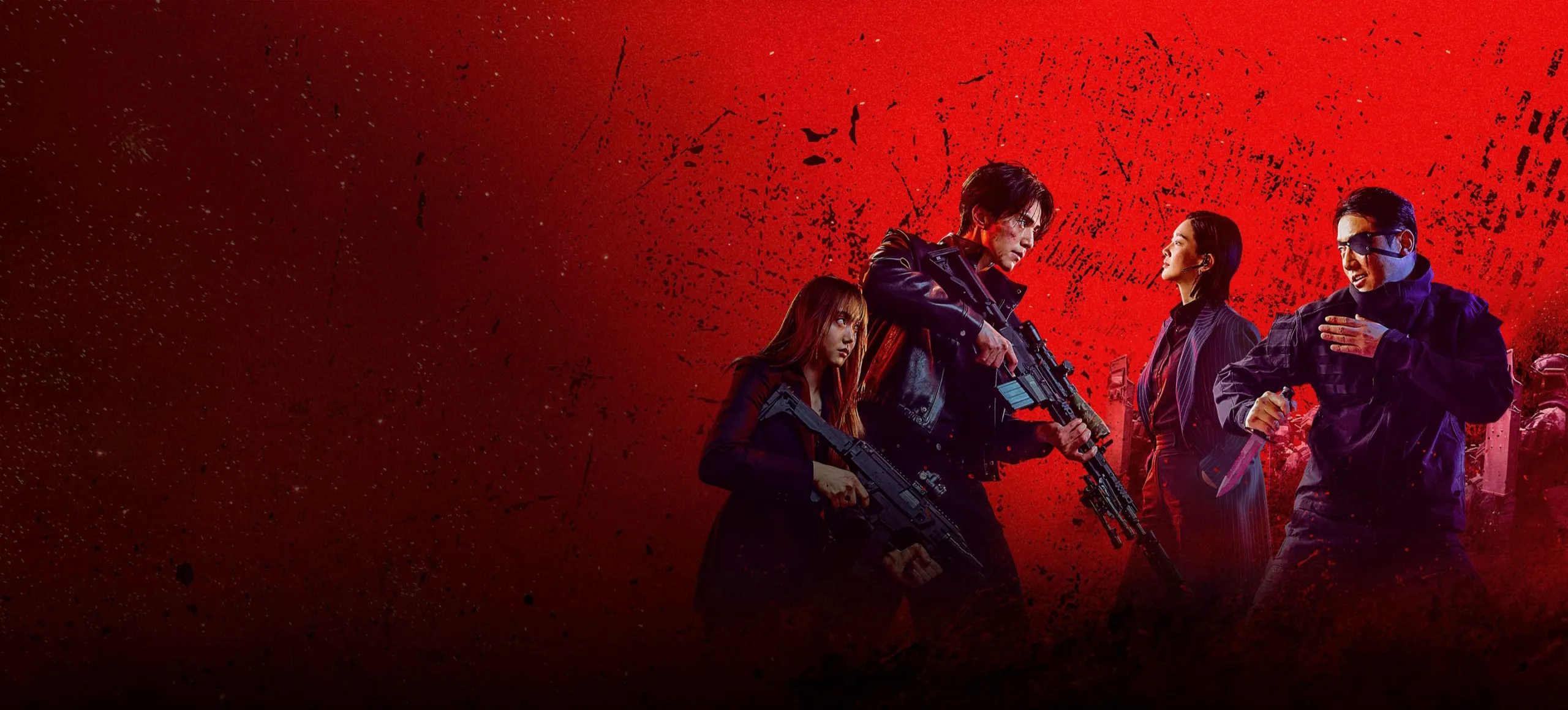 Key art for A Shop for Killers Season 2, featuring multiple characters confronting one another with weapons against a striking red background.