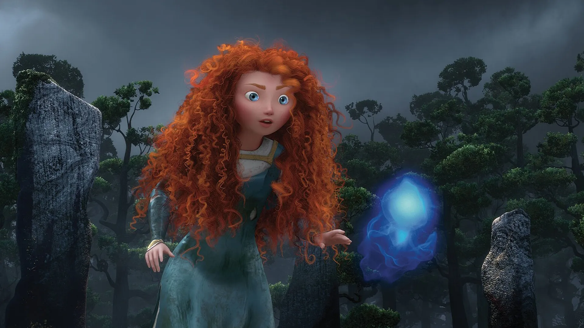 Merida looks intrigued as she looks at a blue floating spark
