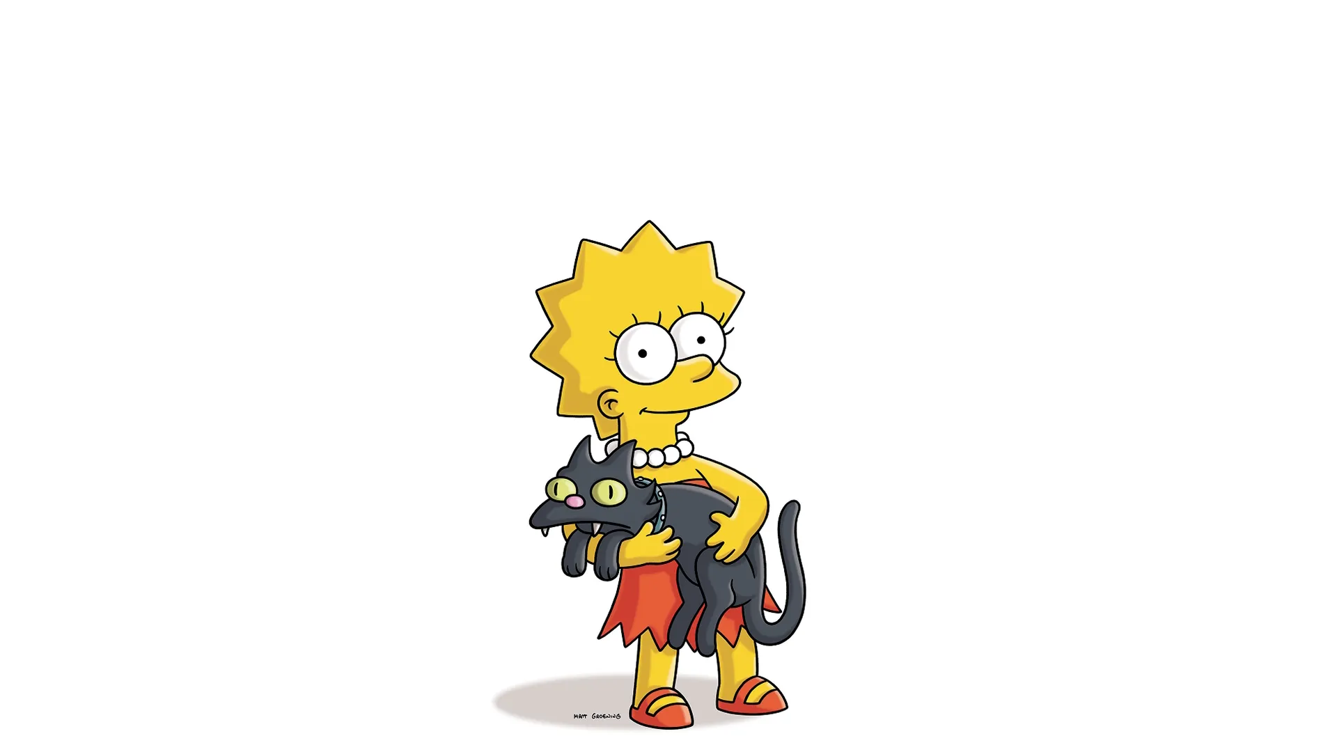 Imagem de Lisa Simpson, da série de animação Os Simpsons. Ela está segurando seu gato preto, Bola de Neve II, um dos pets de maior destaque na série.
