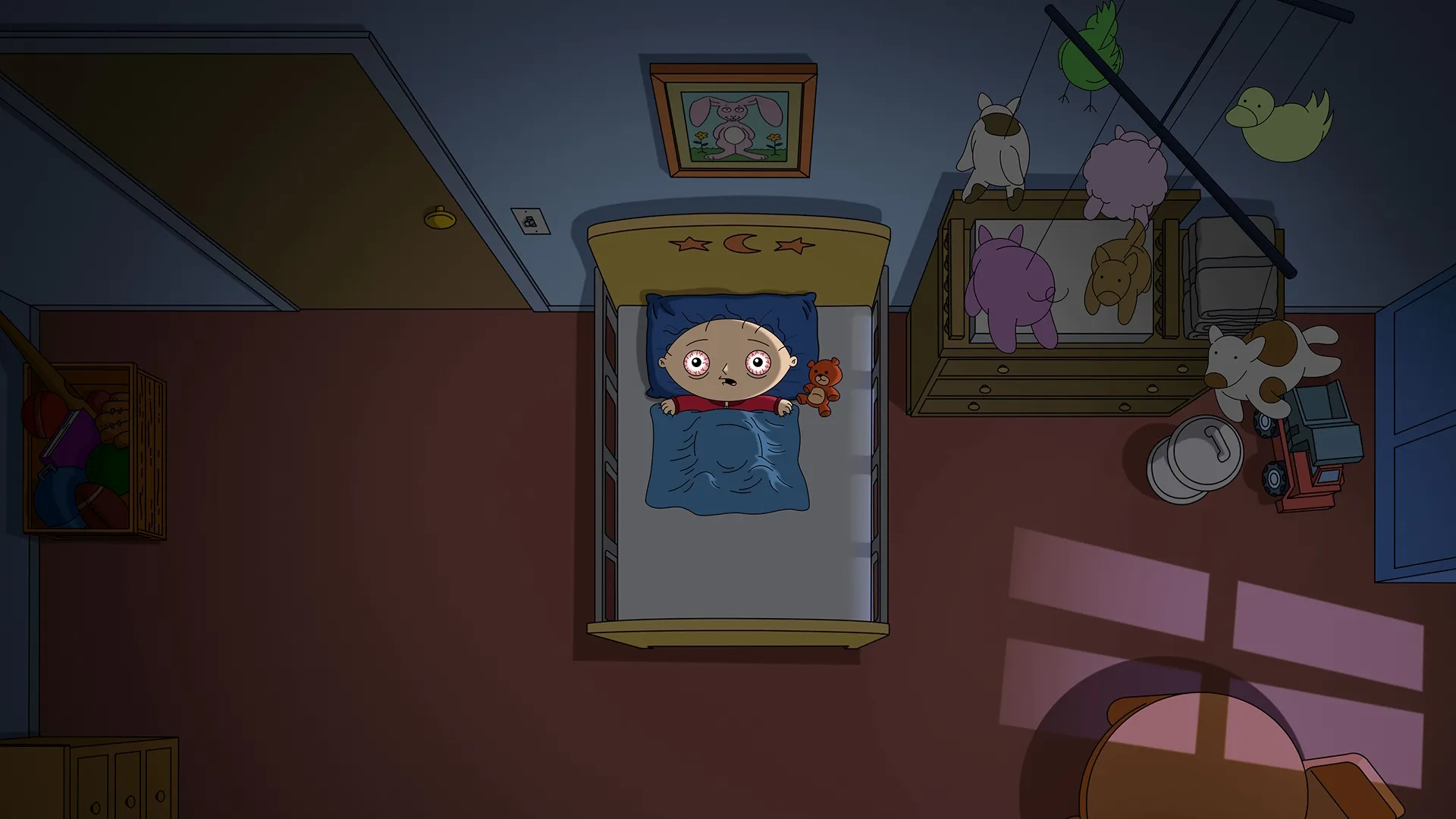 Stewie lies awake in bed at night with bloodshot eyes