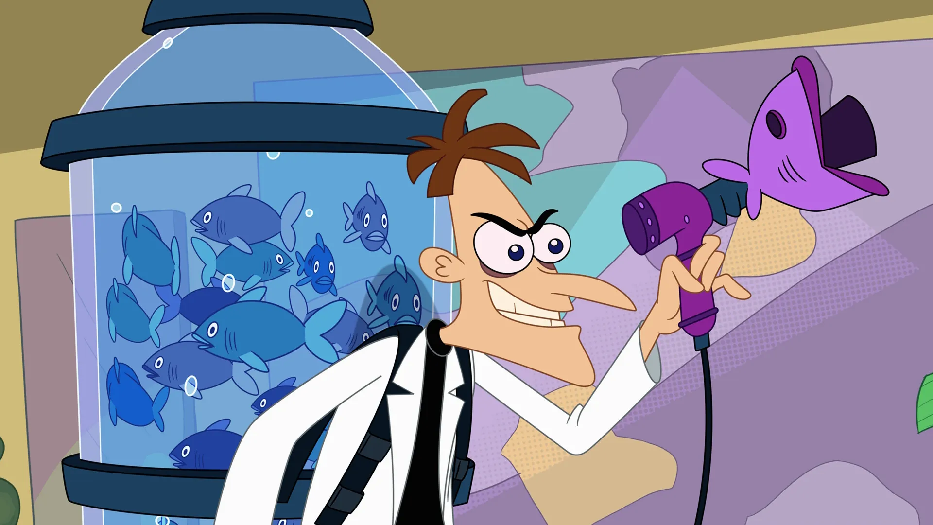 Dr Doofenshmirtz (voiced by Dan Povenmire) holding his Fish-inator, a fish-shaped gun with a fishtank strapped to his back