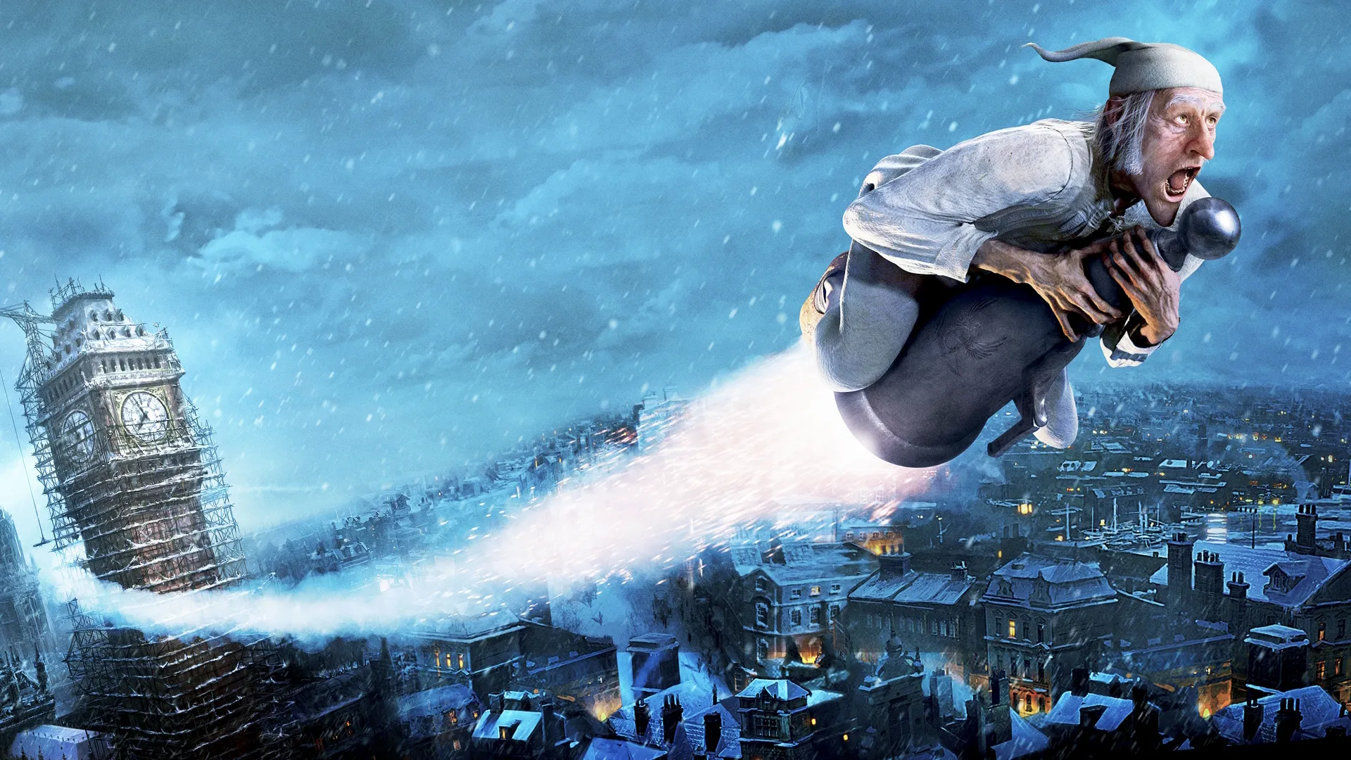 Ebeneezer Scrooge flies away over London from the top of Big Ben.