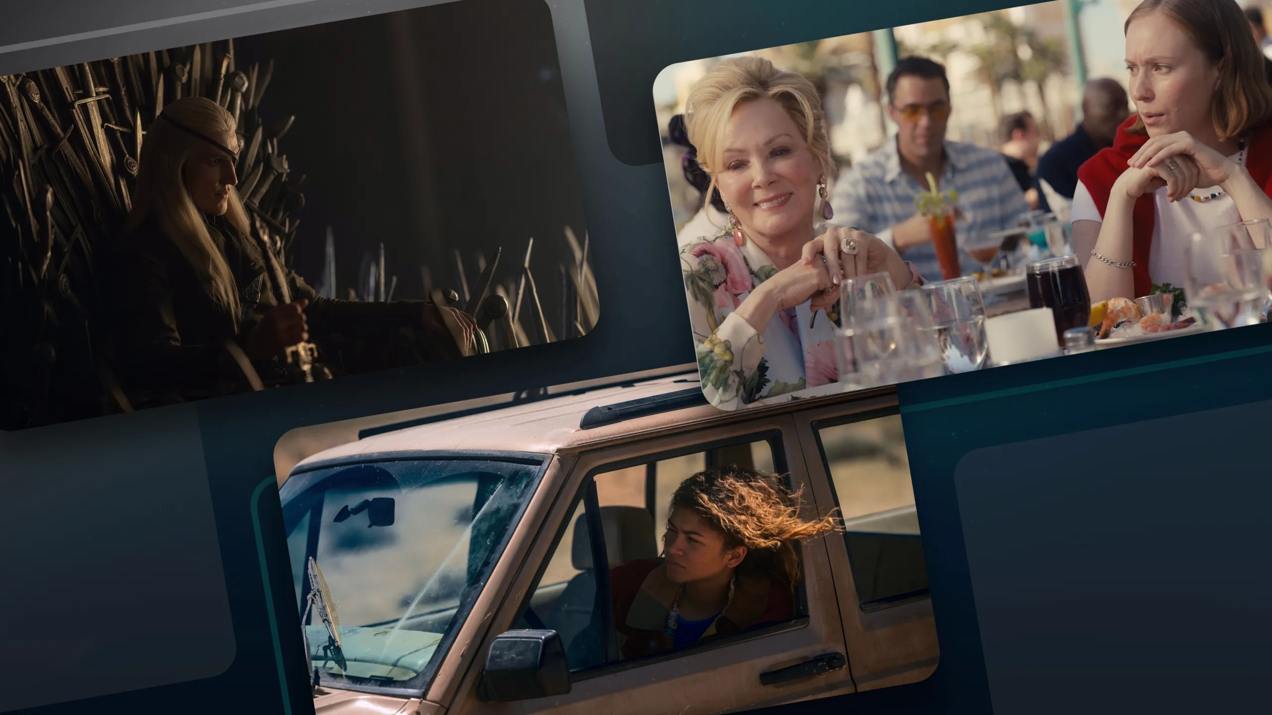 A collage of images from House of the Dragon, Hacks, and Euphoria