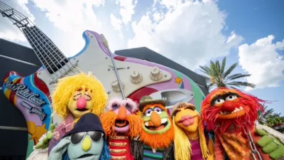 This image shows a newly themed marquee for the Rock 'n' Roller Coaster Starring The Muppets at Disney's Hollywood Studios.