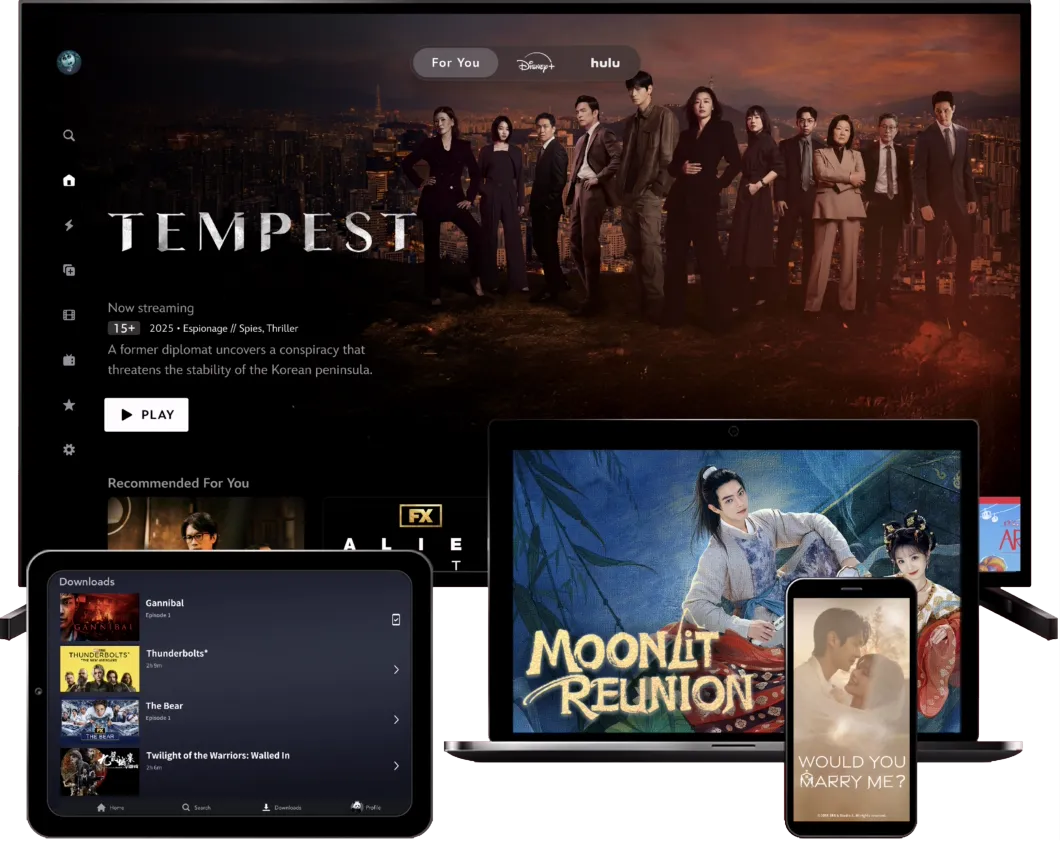 4 Devices showcasing the Disney+ product on TV, Mobile, Laptop, and Tablet