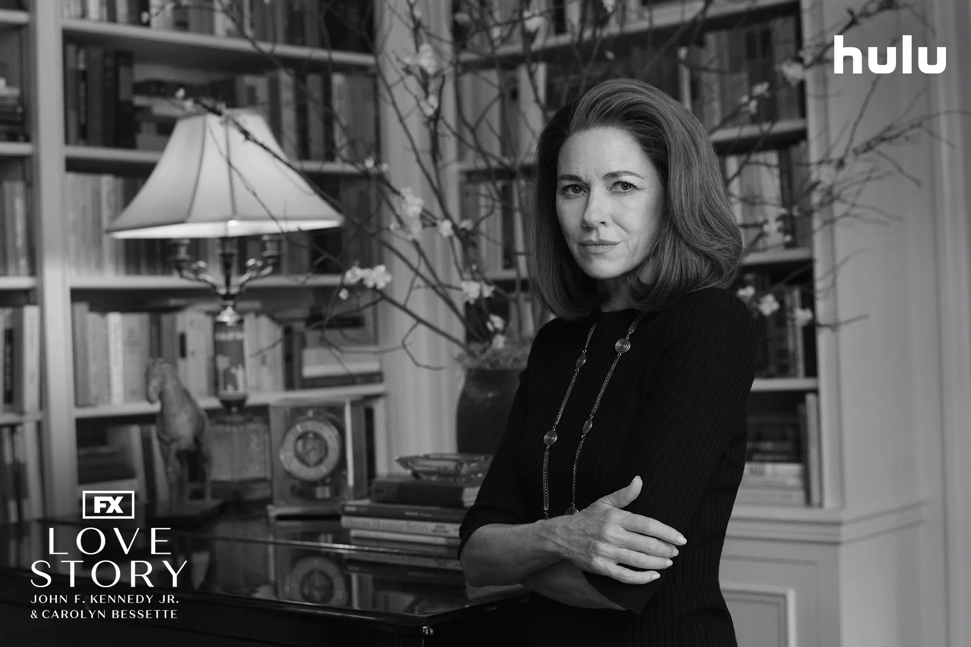 Jackie Kennedy Onassis (Naomi Watts) in a black and white set photo from FX's Love Story.