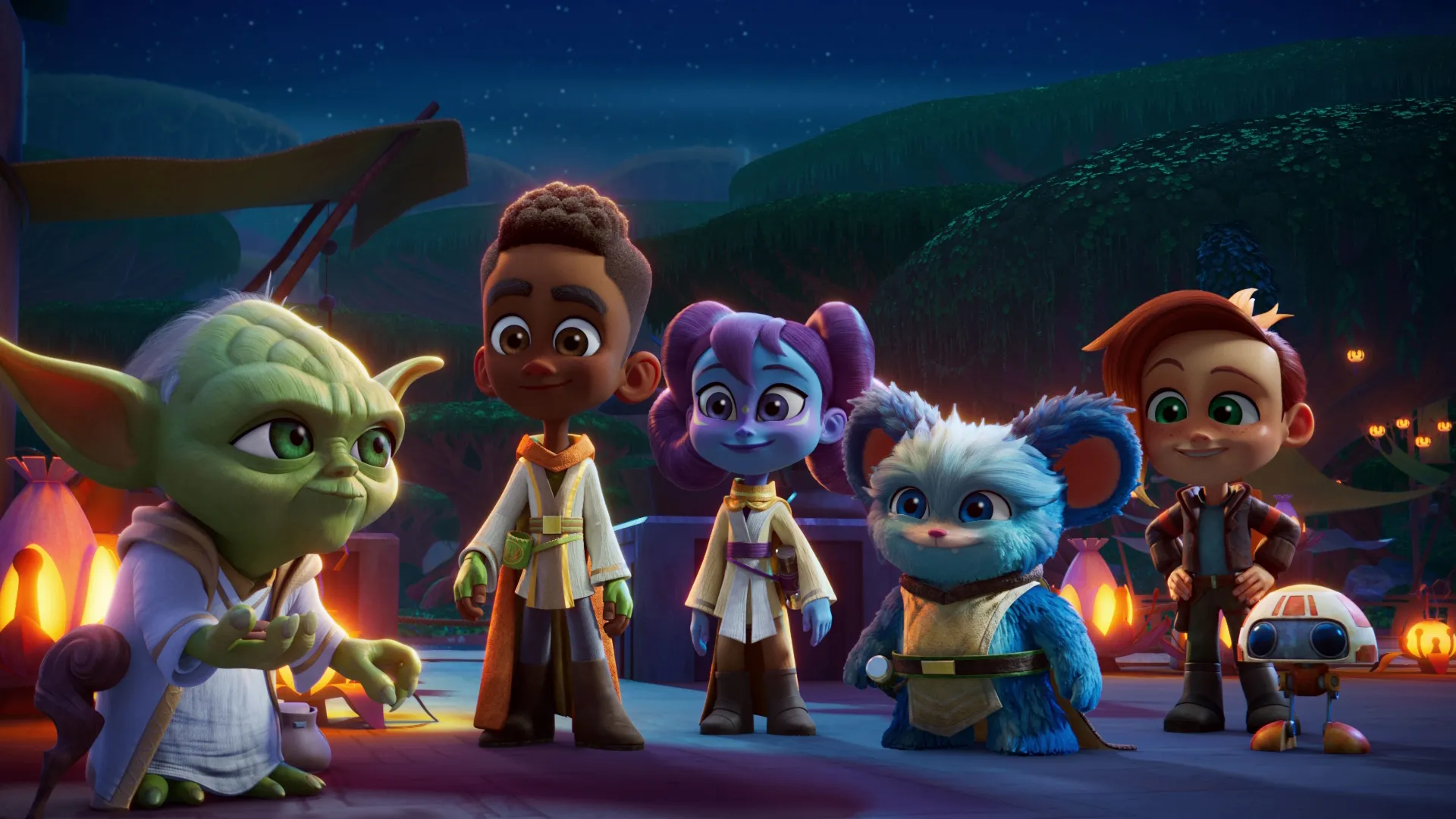 Yoda with Kai Brightstar, Lys Solay, Nubs and Nash Durango in the Star Wars animated kids show, Young Jedi Adventures.