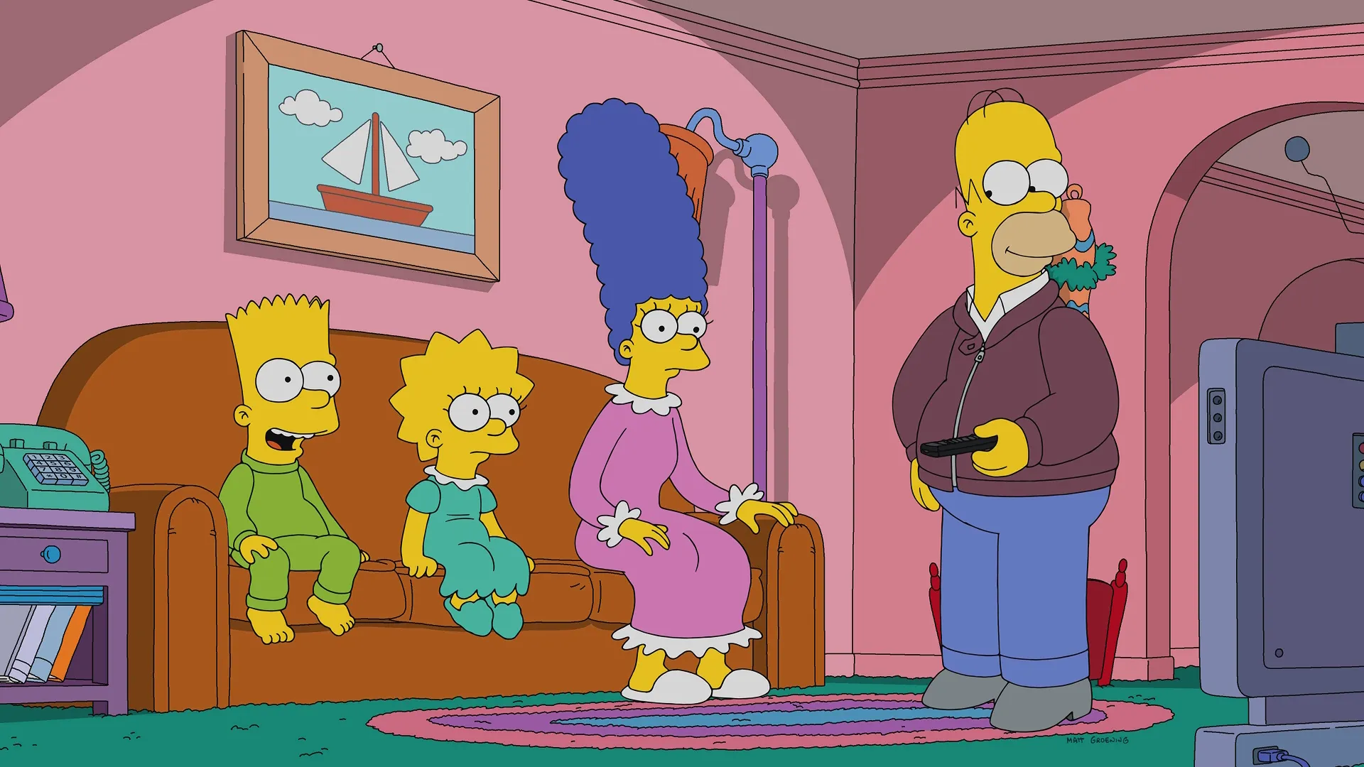 The Simpsons family (Homer, Marge, Bart and Lisa) watching TV on the couch