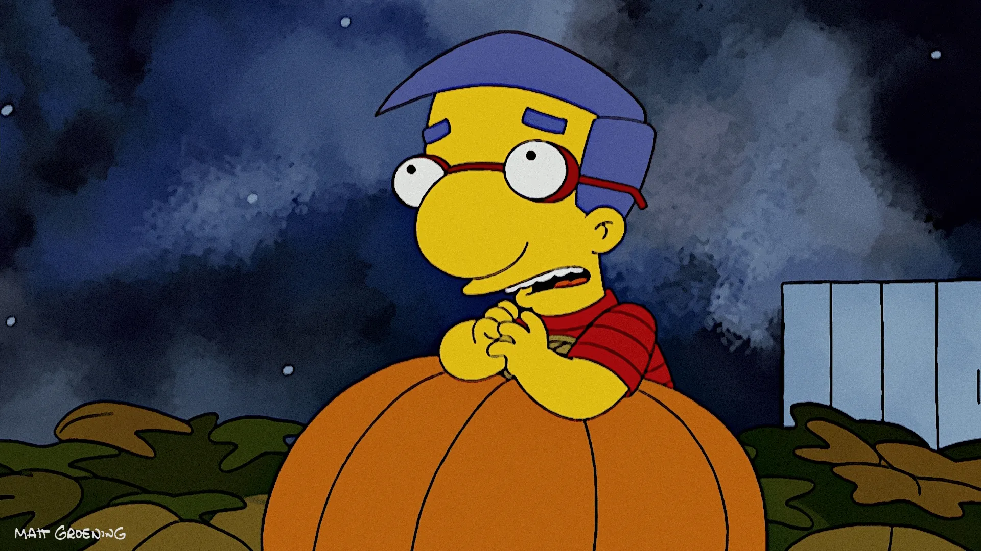 Milhouse Van Houten leans anxiously over a large pumpkin in a dark patch under a starry night sky, looking hopeful yet worried.