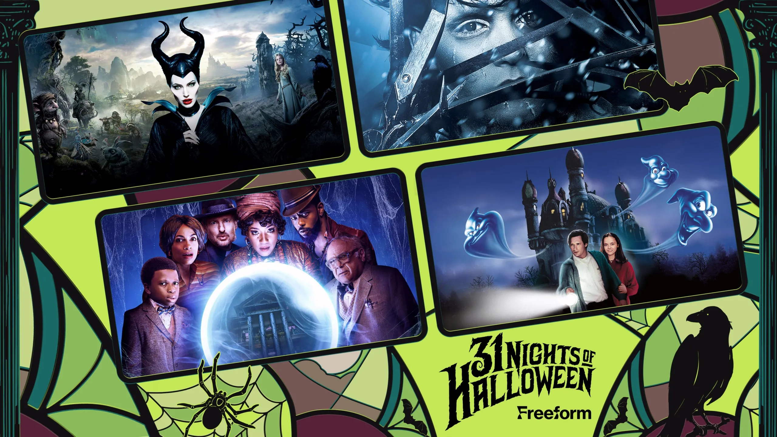 A promotional poster for Freeform's "31 Nights of Halloween" features a spooky green background with spiderwebs and showcases four movie panels, including scenes from Maleficent, Edward Scissorhands, Haunted Mansion, and Casper.